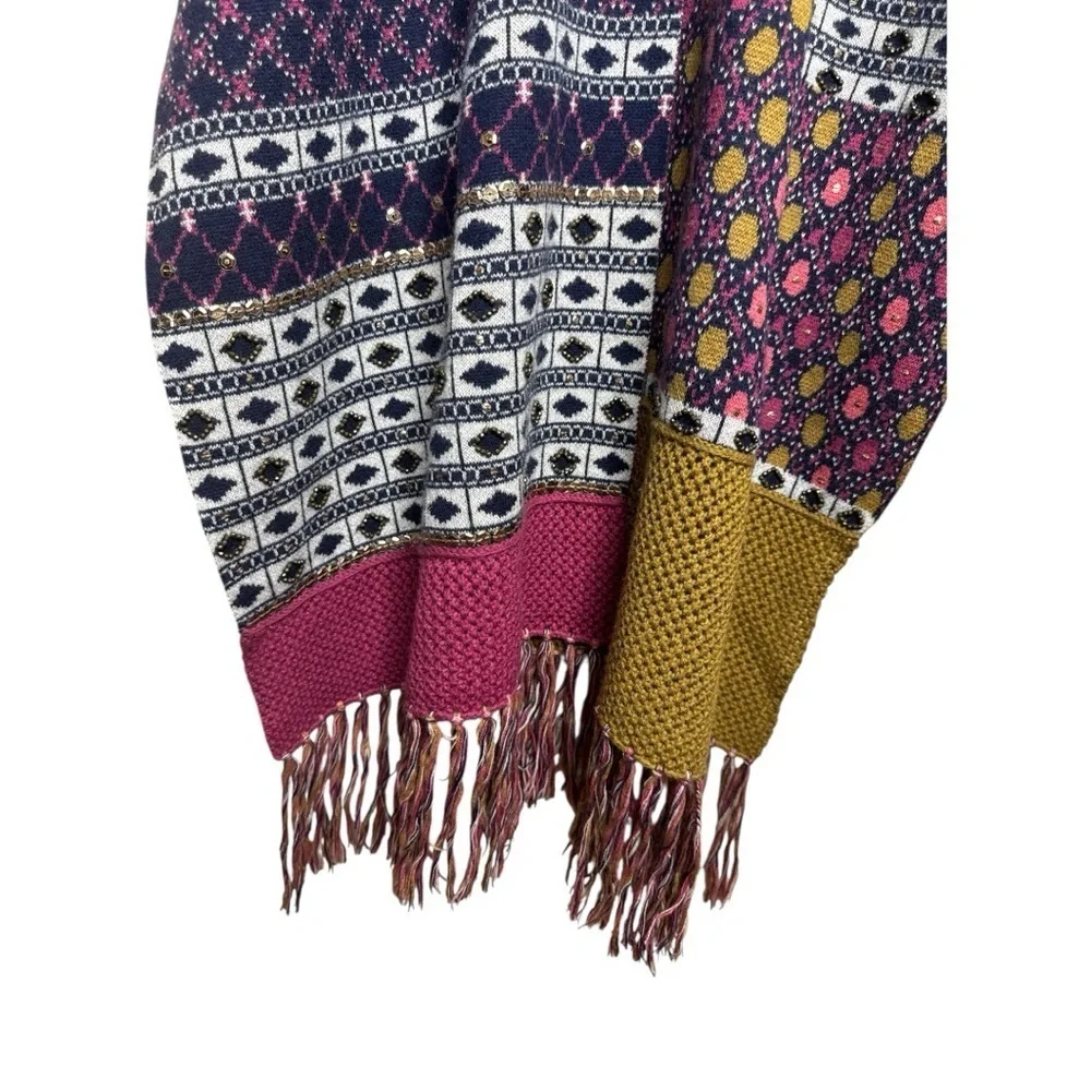 Anthropologie Angel of the North Patchwork Fringe Wrap Poncho Shawl One Size